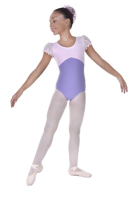 Girls bicoloured puff sleeved leotard pinched key hole